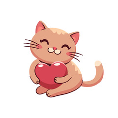 Mały uroczy rudy kot przytulający czerwone serce. Ilustracja walentynkowa.
