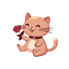 Uroczy rudy kot z różą. Uśmiechnięty zwierzak z kwiatem. Ilustracja wektorowa. - obrazy, fototapety, plakaty
