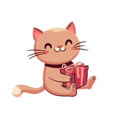 Mały rudy uśmiechnięty kot z prezentem przewiązanym wstążką. Ilustracja urodzinowa lub walentynkowa. - obrazy, fototapety, plakaty