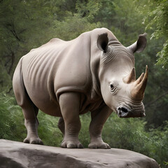 Naklejka premium A formidable Rhinoceros standing on a rock surrounded by trees and vegetation. Splendid nature concept.