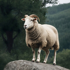 A formidable Sheep standing on a rock surrounded by trees and vegetation. Splendid nature concept.