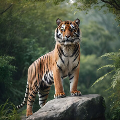 Obraz premium A formidable tiger standing on a rock surrounded by trees and vegetation. Splendid nature concept.