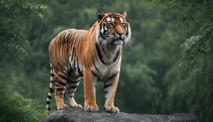 A formidable tiger standing on a rock surrounded by trees and vegetation. Splendid nature concept.