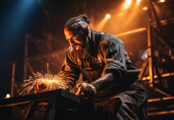 Fototapeta premium Man Working With Grinder on Metal Piece