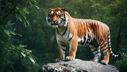 Obraz premium A formidable tiger standing on a rock surrounded by trees and vegetation. Splendid nature concept.