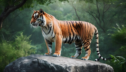 A formidable tiger standing on a rock surrounded by trees and vegetation. Splendid nature concept.