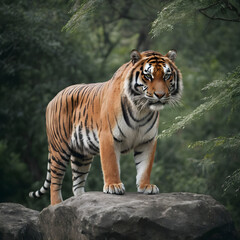 A formidable tiger standing on a rock surrounded by trees and vegetation. Splendid nature concept.