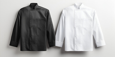 hanging white shirt with wood hanger on wall Blank black and white chef jacket mockup set.