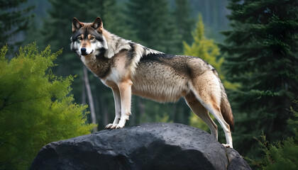 Obraz premium A formidable Wolf standing on a rock surrounded by trees and vegetation. Splendid nature concept.