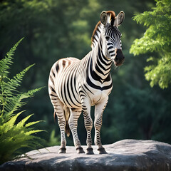 A formidable Zebra standing on a rock surrounded by trees and vegetation. Splendid nature concept.