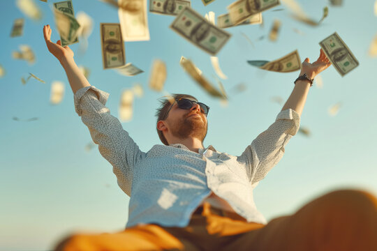A successful man throwing money up in the air, newly rich and feeling happy and carefree after winning the lottery. Nouveau Riche.