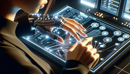 Futuristic haptic technology: Hand interacting with glowing touchpad in high-tech lab