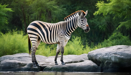 Fototapeta na wymiar A formidable Zebra standing on a rock surrounded by trees and vegetation. Splendid nature concept.