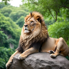 Obraz premium Majestic lion sits on rock surrounded by green trees, concept of Majestic and Nature