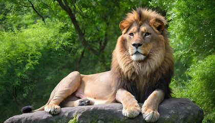 Majestic lion sits on rock surrounded by green trees, concept of Majestic and Nature