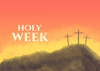 holy week, three crosses on top of a mountain with a background of sunset and clouds - obrazy, fototapety, plakaty