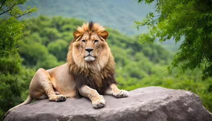 Obraz premium Majestic lion sits on rock surrounded by green trees, concept of Majestic and Nature