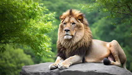 Obraz premium Majestic lion sits on rock surrounded by green trees, concept of Majestic and Nature