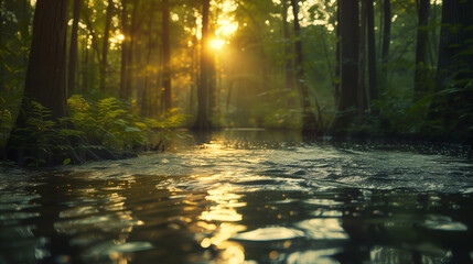 In the serene river scene, the tranquil waters reflect the verdant foliage of the dense tropical rainforest, while the soft sunlight filters through the mist, creating an ethereal ambiance at dawn.