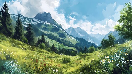 illustration with the drawing of an Alpine Meadows - obrazy, fototapety, plakaty