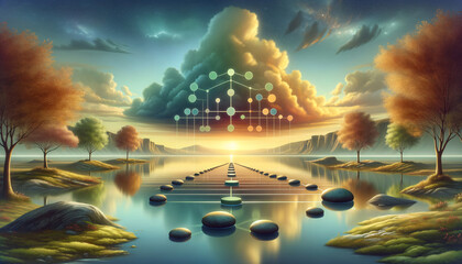 Tranquil landscape with balanced elements symbolizing load balancing technology