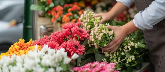 A person arranging beautiful and colorful flowers in a charming and elegant flower shop