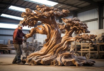 Man Standing Next to Wooden Tree Sculpture