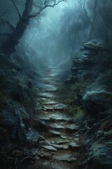 A dramatic creepy haunted path in a dark misty forest with fog.