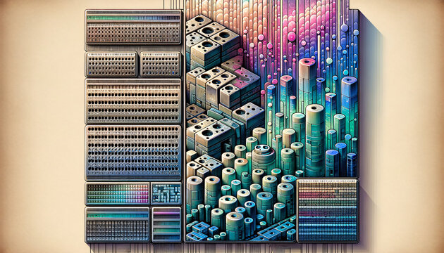 Vintage punch cards with Y2K aesthetic and digital disintegration on serene backdrop.