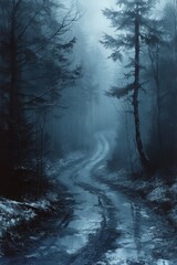 Fototapeta na wymiar A dramatic creepy haunted path in a dark misty forest with fog.