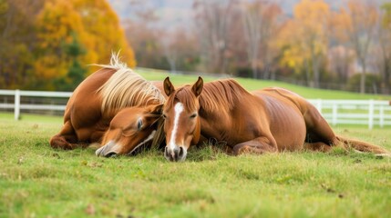 Peaceful Dreamland: Mare and Foal Sleeping in Serene Pasture AI Generated. - obrazy, fototapety, plakaty