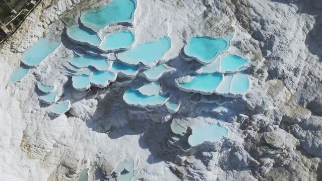 aerial view of Natural travertine pools and terraces in Pamukkale. Turkey