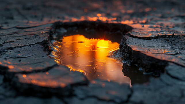 Texture of a cracked mud puddle with sunlight peeking through the gaps and creating a stunning contrast.