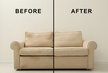 Sofa before and after dry-cleaning near beige wall indoors, collage
