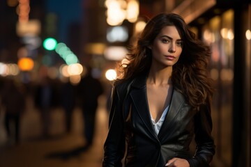 Fototapeta premium City Lights, City Nights: A modern woman in a chic leather-panel blazer making her mark on the urban landscape