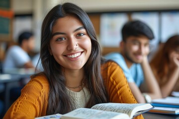 Close-up of a young woman with a bright smile studying in a classroom with peers slightly out of focus - obrazy, fototapety, plakaty