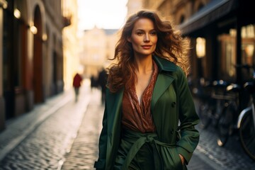 Fototapeta premium Elegant woman in a striking green trench coat exploring the cobblestone streets of a historic European city in the soft light of dusk