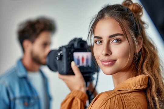 A young female photographer showing photos to a male model on a digital camera in a studio
