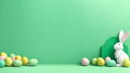 3D Joyful Fern Bunny Rabbit Nestled Amongst Colorful Eggs on a Subtle Green Pastel Base. Illustrating Easter Festivity.