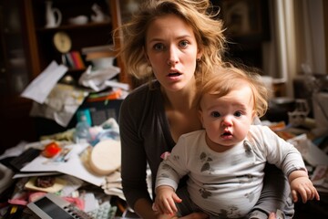 Fototapeta premium A moment in the life of a young, frazzled mother carrying her infant in the midst of home chaos