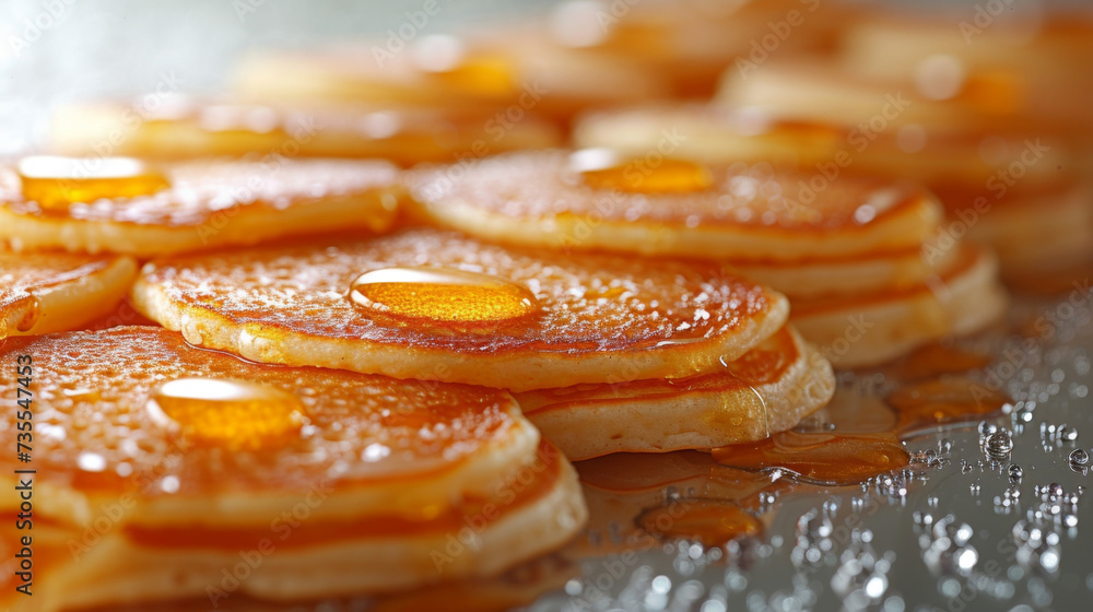 Poster texture of golden brown pancakes displaying the change from a smooth batter to a fluffy and crispy b