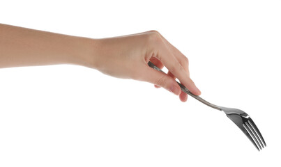 Woman with shiny silver fork on white background, closeup