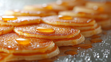Texture of golden brown pancakes displaying the change from a smooth batter to a fluffy and crispy breakfast dish. - obrazy, fototapety, plakaty