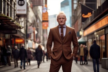 Classy middle-aged businessman in a stylish suit and brown leather shoes, set against the city skyline