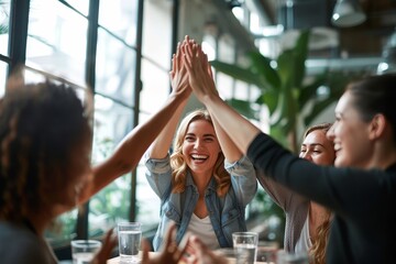A vibrant team of colleagues is performing a high five, signifying teamwork and success in a modern office environment - obrazy, fototapety, plakaty