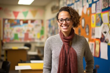 Fototapeta premium An inspiring public school teacher stands proudly in her lively classroom, filled with educational materials and a chalkboard covered in equations