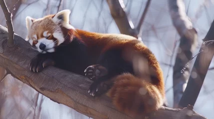 Foto op Plexiglas Sleepy Red Panda Napping on Tree Branch AI Generated. © AnimalAI