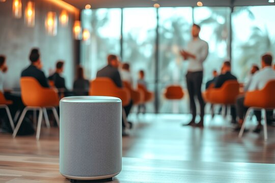 An intelligent home assistant device upfront with a blurred background of a business presentation