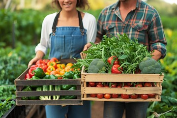 Obraz premium Smiling farmers in a field displaying crates of fresh, organic vegetables representing a successful harvest