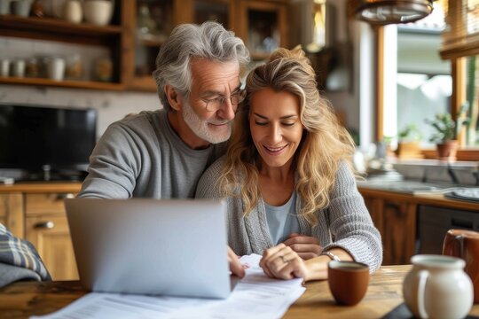 Smiling Older Couple Reviewing Documents And Using A Laptop Together In A Domestic Kitchen Setting